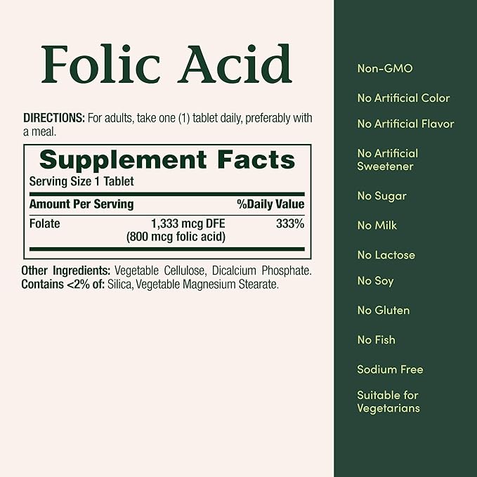 Nature's Bounty Folic Acid Supplement, Supports Cardiovascular Health, 800mcg, 250 Tablets