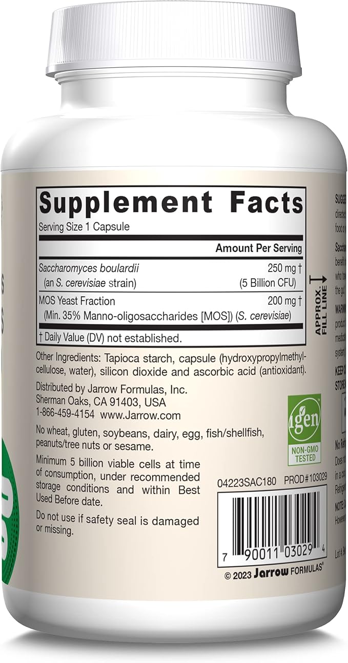 Jarrow Formulas Saccharomyces Boulardii + MOS Probiotics for Digestive Health and Intestinal Tract Support - 5 Billion CFU Per Serving - 180 Delayed Release Caps - Probiotic + Prebiotic - 180 Servings