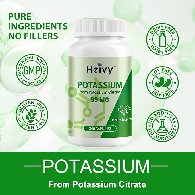 Heivy Potassium Citrate 99mg – 500 Capsules | Potassium Supplement for Electrolyte Support | Vegan, Gluten-Free| Lab Tested | Made in USA