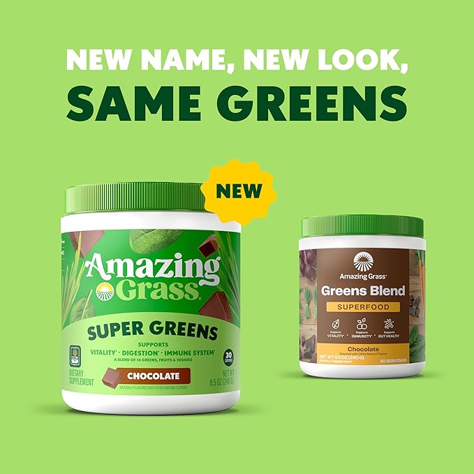 Amazing Grass Greens Superfood Powder: Greens Powder with Digestive Enzymes & Probiotics, Organic Spirulina, Chlorella, and Beet Root Powder, Chocolate, 30 Servings