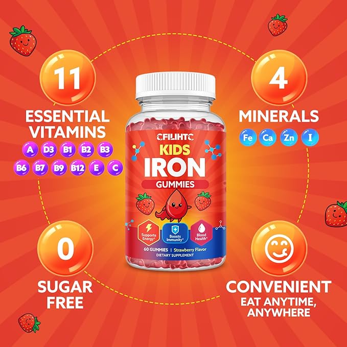 2PCS Iron Gummies for Kids & Teens, Kids Multivitamin with Iron Supplement, Calcium, Folate, Zinc, Prebiotic - for Blood Builder & Energy Support, Iron Deficiency - Vegan & Non-GMO - 120 Count