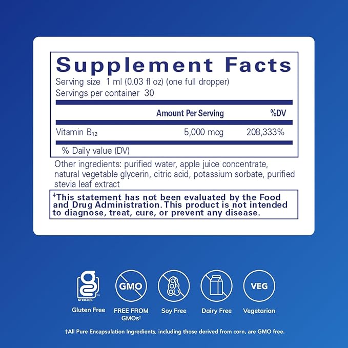 Pure Encapsulations B12 5,000 Liquid - Vitamin B12 Methylcobalamin Supplement to Support Energy, Nerve Health, Cognitive Function & Blood Cells* - Liquid Drops - 1 Fl Oz