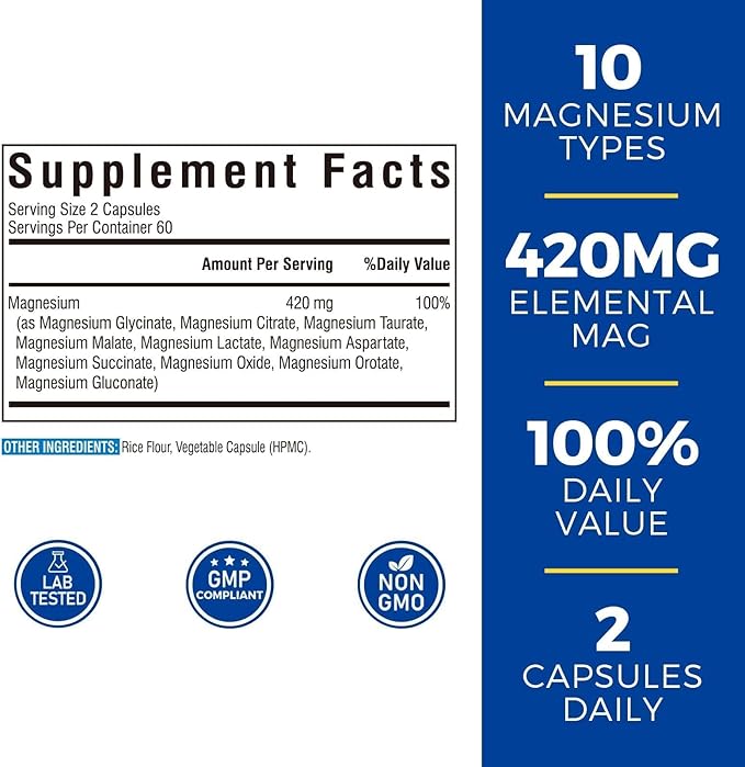 Vitalibre 10 in 1 Magnesium Complex, 420mg Elemental Magnesium | Ultra Strength, Max Absorption | Chelated Magnesium Supplement for Nerves, Bone & Heart Health | Non-GMO, 120 Vegan Capsules