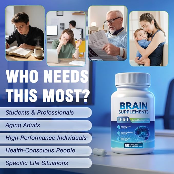 18-in-1 Brain Supplement for Memory and Focus – Nootropic Capsules with Alpha GPC, Bacopa, Ginkgo Biloba, Lion's Mane, Vitamin B6 & B12 | Cognitive Health, Mental Clarity | Vegan, Non-GMO