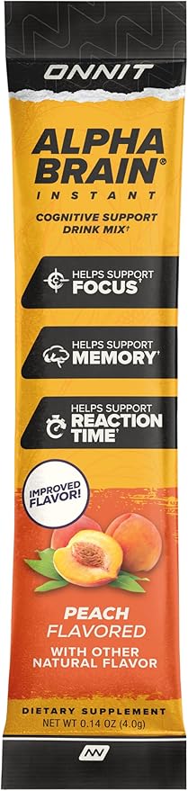 ONNIT Alpha Brain Instant Cognitive Support Drink Mix, Nootropic Supplement for Focus, Memory and Clarity, Peach Flavor, 0.13 oz Packets, 30 Count