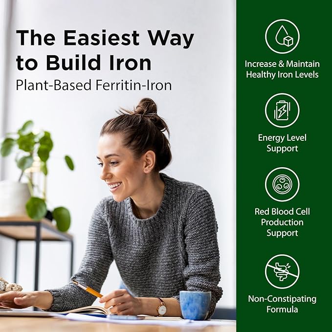 Flora Ferritin+ Delayed-Release Iron Supplement - Plant-Based Iron Supplement - Blood Cell & Energy Support - Vegan & Gluten-Free - Amber Glass Bottle - 60 Vegan Capsules