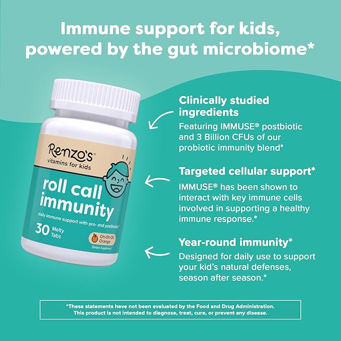 Renzo's Roll Call Immunity - Dissolvable Kids Immune Support Supplement with IMMUSE Postbiotic, Sugar-Free Kids Vitamins, 30 Orange-Flavored Melty Tabs