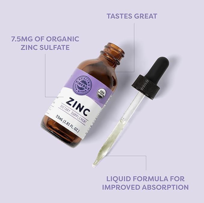 VIMERGY USDA Organic Zinc Supplements for Women & Men (7.5mg Liquid Zinc Per Serving) Fast-Absorbing Immune Support, Promotes Healthy Bones & Skin, Vegan (Pack of 2)