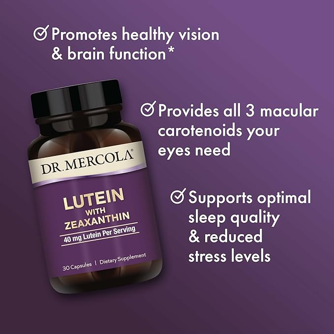 Dr. Mercola Lutein with Zeaxanthin - Supports Eye & Brain Health - Macular Carotenoids from Marigold Flower Extract - Non-GMO, Gluten-Free & Soy-Free - 30 Capsules (30 Servings)