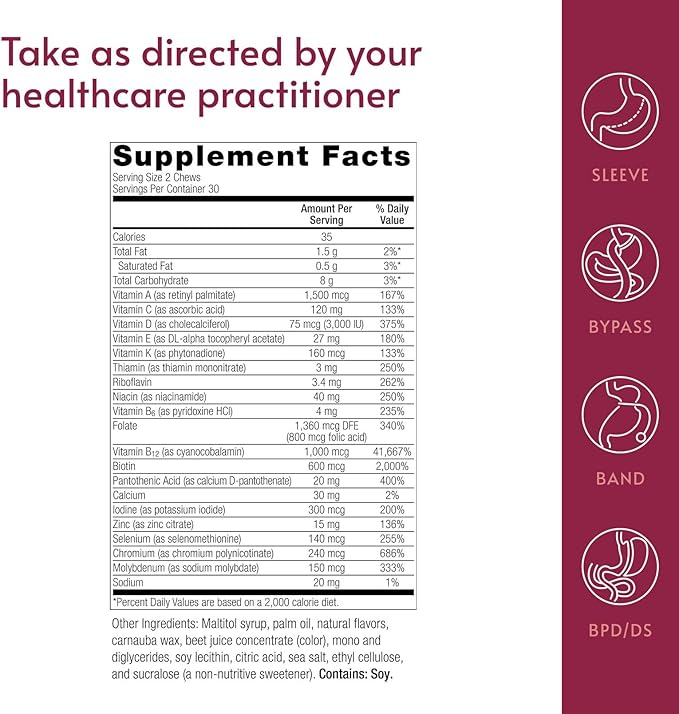 Bariatric Advantage Multi Chewy Bite - Soft Chew Multivitamin for Bariatric Surgery Patients - Chewable Multivitamin with Folic Acid, Vitamin D3 & More - Strawberry Watermelon Flavor - 60 Count