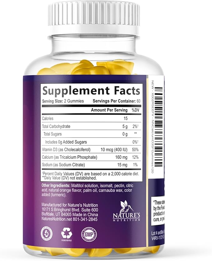 Calcium Supplement Gummies - Sugar Free Calcium Gummy with Vitamin D3 for Best Absorption - Supports Immune Health, Bones & Teeth - Nature's Calcium Chews for Women & Men, Orange Flavor - 120 Gummies