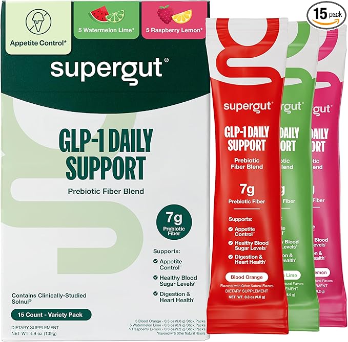 Supergut GLP1 Daily Support, Variety Pack - High Fiber GLP-1 Supplement Powder for Women & Men - Sugar-Free Drink Mix for Gut Health & Digestive Support (15 Servings)