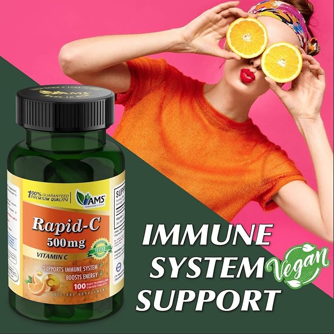 America Medic & Science Rapid-C 500mg Vitamin C Supplement 500 Tablets (5 Pack of 100 Tablets) Daily Immune System Support, Antioxidant | Vegan, Non-GMO Coated Ascorbic Acid for Adult Men & Women