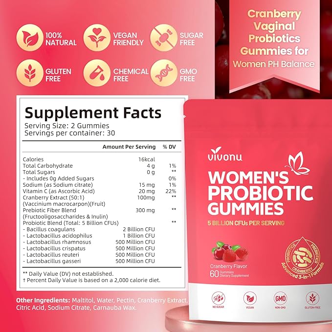 VivoNu Viginal Probiotic for Women, Women Probiotic Gummies, Feminine Balance Gummies, Cranberry Probiotics for Woman Vaginigal Health, Yeast Ph Balance| 60 Gummies