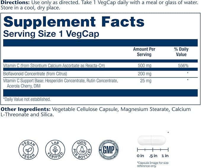 SOLARAY ReactaC Vitamin C 500mg - Patented 24-Hour Immune Support Supplement - Vitamin C with Bioflavonoids and Rutin - Antioxidant and Immune Defense - Vegan, 60-Day Guarantee - 60 Servings