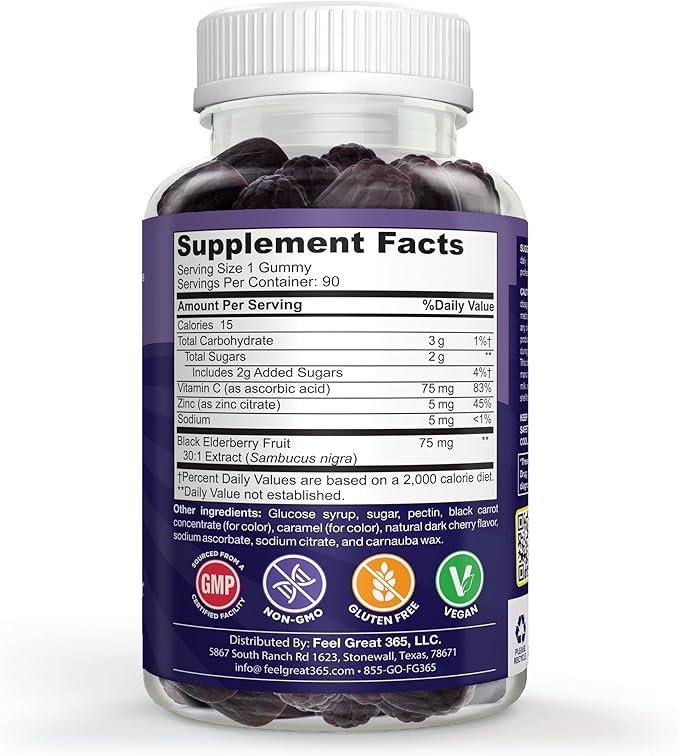 Feel Great Vitamin Co. Elderberry Gummies for Kids | Immune Support | Natural Antioxidant Immune Booster | with Vitamin C and Zinc | Gluten Free & Vegetarian | 90 Gummies