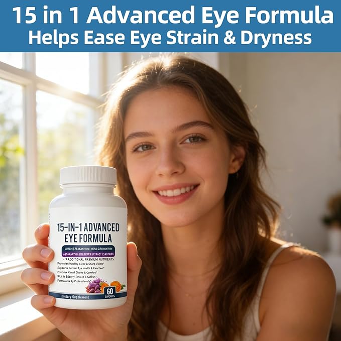 15 in 1 Advanced Eye Formula - Eye Vitamin and Mineral Supplement with Lutein, Zeaxanthin, Zinc & Bilberry Extract - Vision & Focus Support, 60 Capsules