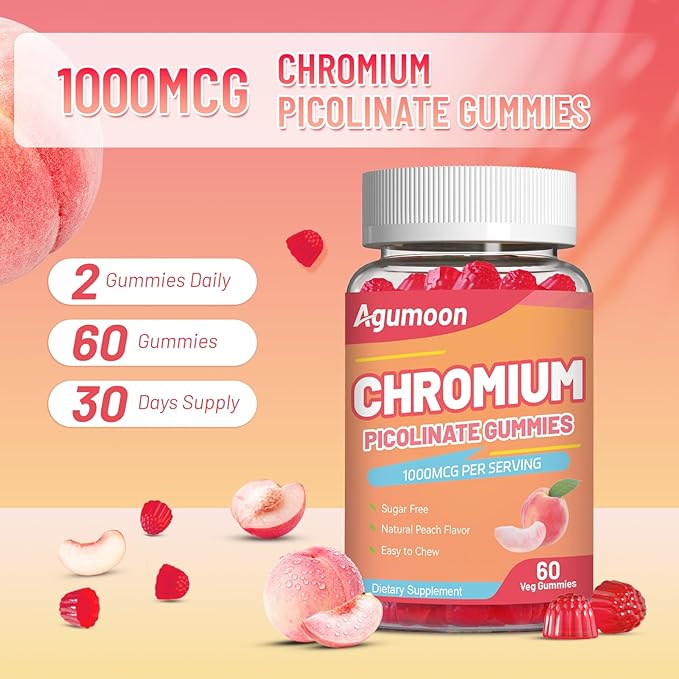 2 Pack Chromium Picolinate Gummies 1000 mcg, Vegan, Gluten-Free, Peach Flavor, 120 Vegan Gummies