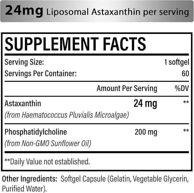 Liposomal Astaxanthin Supplement 24 MG, Maximum Absorption, Antioxidant Stronger Than VIT C, Non-GMO & Gluten Free - 60 Softgels(2 Months Supply)