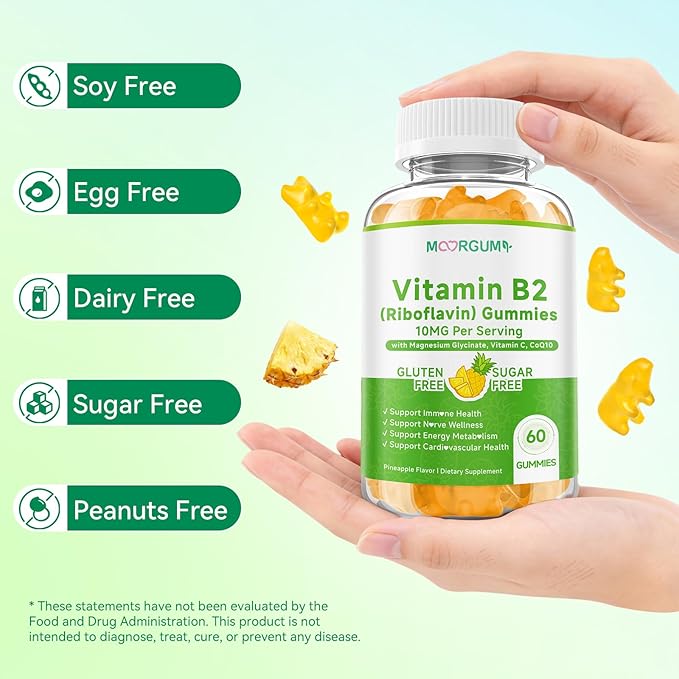Vitamin B2 Gummies, Riboflavin Supplement for Kids & Adults, with Magnesium Glycinate, CoQ10 and Vitamina C, for Women and Men, Energy, Immune Wellness & Cellular Health Support, 60 Count