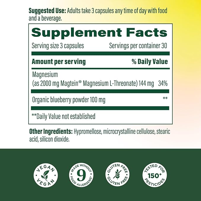 MegaFood Magtein Magnesium L-Threonate - Magnesium Supplement 2000mg Per Serving - Supports Short-Term Memory, Focus, Alertness & Normal Sleep Cycles - Vegan, Gluten Free - 90 Capsules, 30 Servings