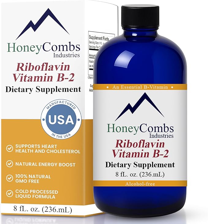 HoneyCombs Riboflavin Vitamin B2 Liquid Drops 750 Percent DV, b2 Made in USA Alcohol Free B2 Vitamins Supplement, Alternative to Capsules for Adult Daily Use (8 Fl oz)