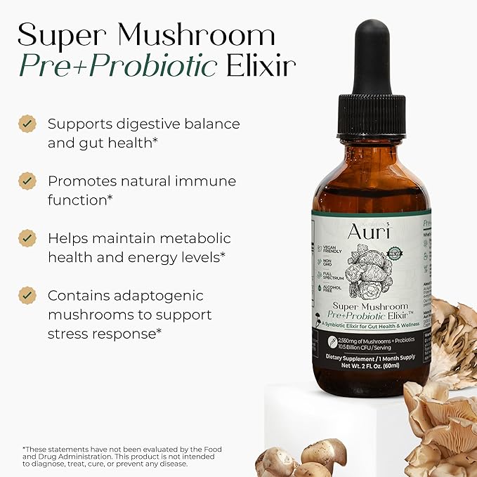 Auri Nutrition Super Mushroom Pre+Probiotic Elixir – 3-in-1 Gut Health Supplement w/7 Probiotic Strains, Prebiotic Mushrooms & Postbiotic Support – Vegan, Non-GMO, Shelf Stable – 30 Servings