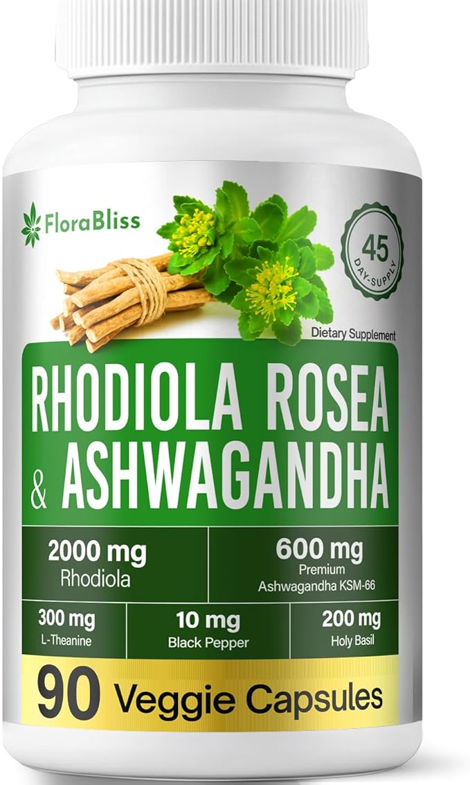 FloraBliss Rhodiola Rosea with Ashwagandha KSM-66, L-Theanine, Holy Basil & Black Pepper - 90 High Potency Vegan Capsules - 45-Day Supply - No Artificial Additives