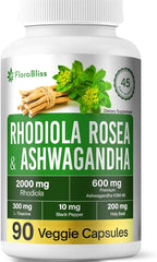 FloraBliss Rhodiola Rosea with Ashwagandha KSM-66, L-Theanine, Holy Basil & Black Pepper - 90 High Potency Vegan Capsules - 45-Day Supply - No Artificial Additives