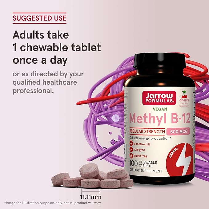 Jarrow Formulas Regular Strength Methyl B-12 500mcg, Dietary Supplement for Cellular Energy Production and Brain Health Support, 100 Cherry-Flavored Chewable Tablets, 100 Day Supply, Pack of 12