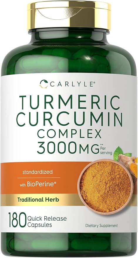 Carlyle Turmeric Curcumin Supplement | 180 Capsules | with Black Pepper, Curcuminoids and Bioperine | Non-GMO, Gluten Free