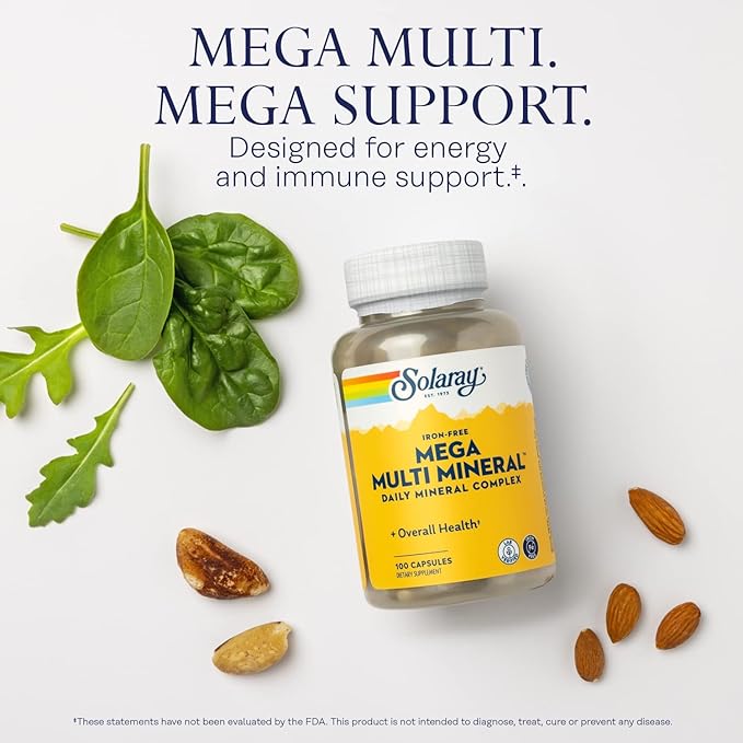 SOLARAY Mega Multi Mineral, Iron Free - Daily Mineral Supplement w/Trace Minerals, Electrolytes, Calcium, Magnesium, Zinc, Selenium, Boron - Cellular Energy, Immune Support, 60-Day Guarantee, 25 Serv