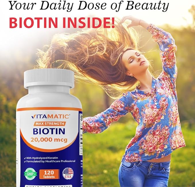 Vitamatic High Potency Biotin 20000 mcg (20mg) with Keratin 100mg - 120 Tablets - Biotin Supplements for Healthy Hair Skin & Nails for Adults (120 Count (Pack of 1))