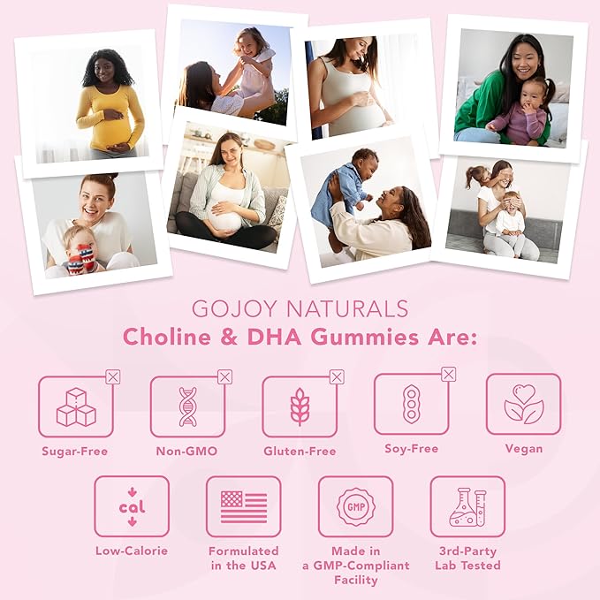 GOJOY NATURALS Prenatal Gummies with Choline & DHA - Preconception, Pregnancy & Postnatal Vitamins for Women - Choline 250mg + DHA 150mg - Vegan, Sugar-Free, Non-GMO