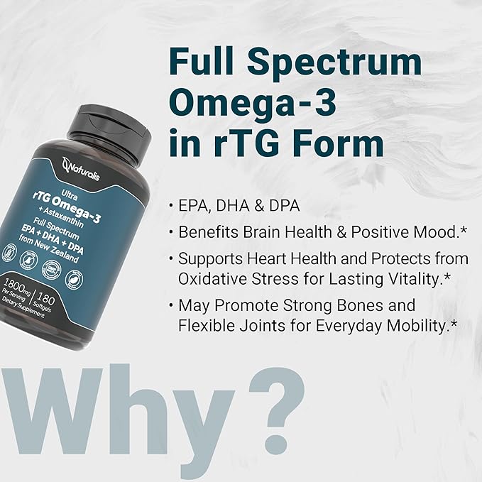 Naturalis Ultra rTG Omega 3 Fish Oil 1800mg from Wild New Zealand Tuna | IFOS Certified & Sustainably Sourced | Full Spectrum Omega3s EPA, DHA & DPA | 180 Softgels