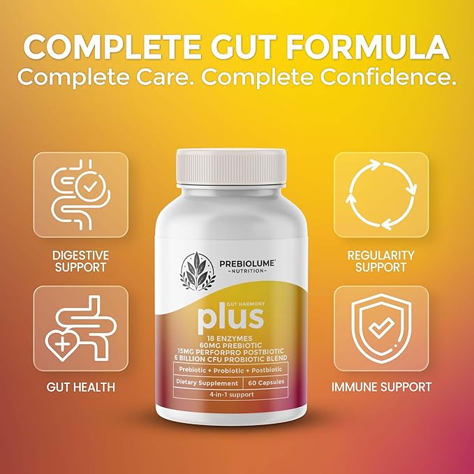 Gut Harmony Plus - Complete Probiotic Prebiotic Postbiotic & Digestive Enzyme Complex Supplement – Gut Health, Digestion, Microbiome Balance & Wellness for Women & Men – 60 Capsules