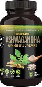 Organic Ashwagandha Capsules 500 mg with KSM-66® & L-Theanine, 120 Veggie Capsules – Non-GMO, Gluten-Free, Soy-Free – Withania Somnifera Herbal Supplement