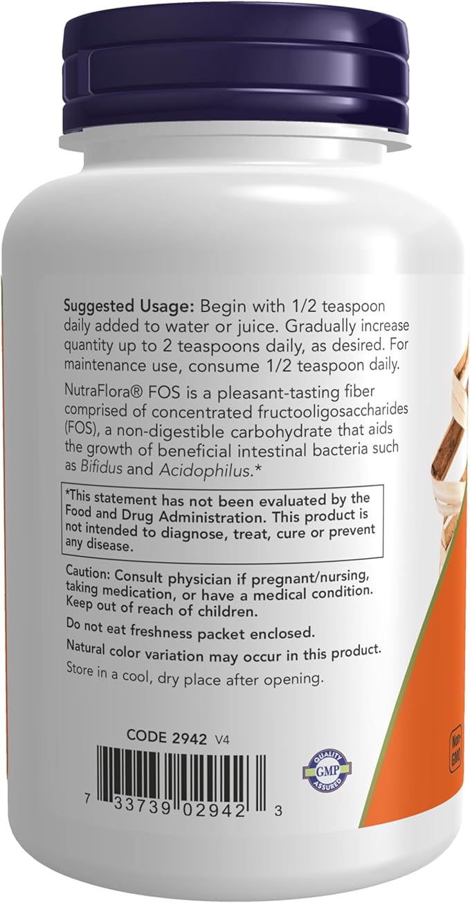 NOW Foods Supplements, NutraFlora FOS (Fructooligosaccharides) Pure Powder, Prebiotic Fiber, 4-Ounce