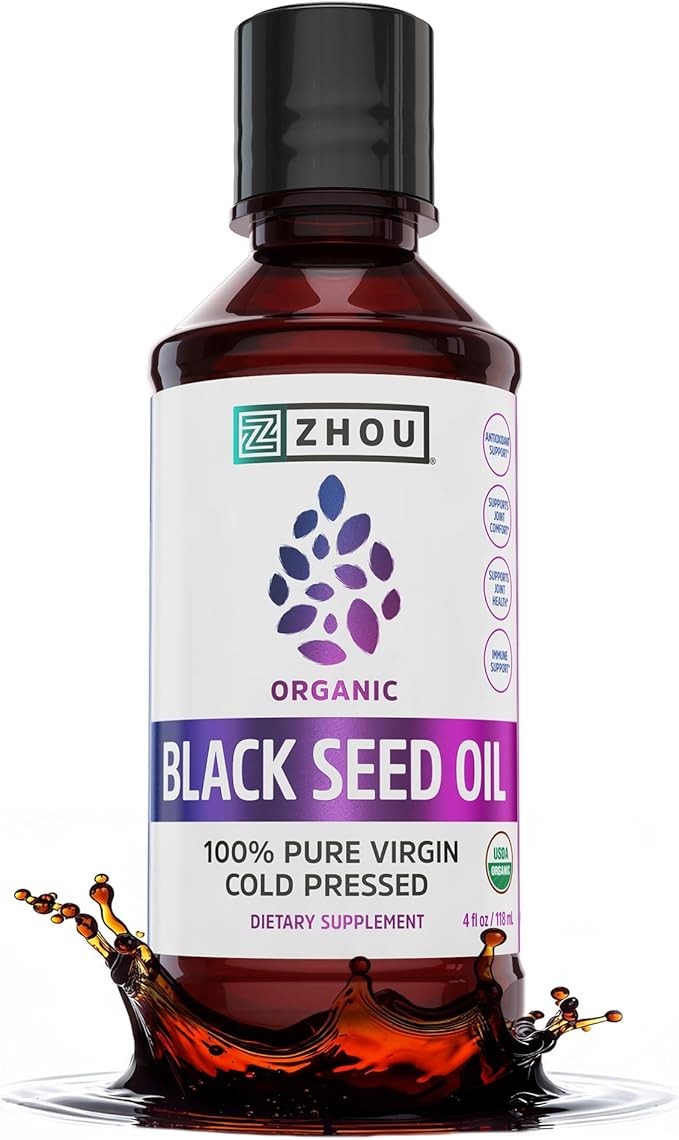 ZHOU Organic Black Seed Oil - Black Cumin Seed Oil Cold Pressed, Nigella Sativa, Pure Unrefined Blackseed Liquid, Premium Supplement for Health with Thymoquinone, Omega 3 6 9-4 Fl Oz (Pack of 1)