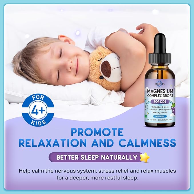Magnesium Glycinate Liquid for Kids, Kids Magnesium Liquid Drops Supplement with L-Theanine, Calcium, Zinc, Vitamin D3 K2 for Sleep Calm Relaxation Brain Bones Focus, Grape Flavor 2 Fl Oz