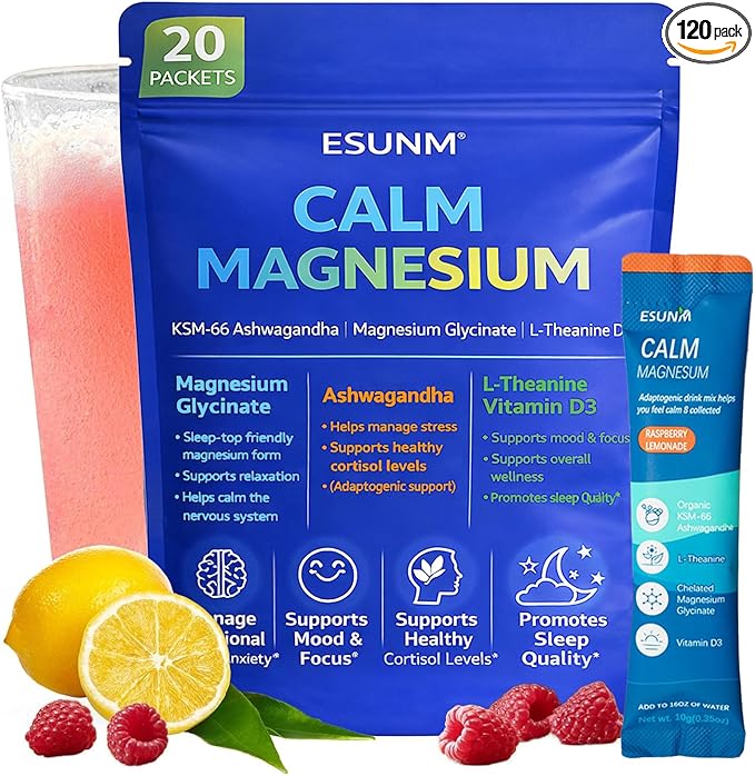 ESUNM Calm Magnesium Drink Mix Packets, Magnesium Glycinate with KSM-66 Ashwagandha, L-Theanine, GABA, Saffron & Vitamin D3, Relaxation, Mood & Sleep Support, Raspberry Lemonade, 20 Stick Packs