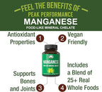 Manganese Supplement Food Like Mineral Chelated for Superior Absorption with Whole Food Blend of 25+ Fruits & Vegetables. Pure Trace Mineral Capsules for Connective Tissue, Bone Health, Enzyme Support