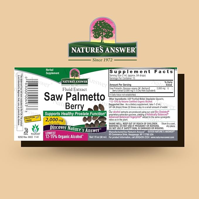 Nature's Answer Saw Palmetto Extract / Promotes Prostate Health / Non-GMO / Gluten-Free, Vegan, Kosher Certified & No Preservatives 1oz