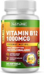 Built by Nature Vitamin B12 1000 mcg Methylcobalamin - Extra Strength Fast Dissolve Soft Gels for Energy Metabolism & Nervous System Health - Non GMO -1 Year Supply - 360 Softgels