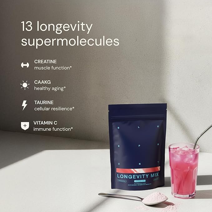 Blueprint Bryan Johnson Longevity Mix - Muscle Builder & Recovery Supplement - Promotes Focus and Balanced Mood - Magnesium, Creatine, L-Theanine, Glutathione & Vitamin C- 30 Servings, Blood Orange