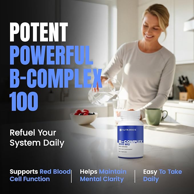 NEW Nutrawave Vitamin B Complex – Super B Vitamins for Women & Men with B1, B2, B3, B5, B6, B7, B9, B12, Choline & Inositol – Supports Energy & Nervous System – Non-GMO, Vegan – 60 Capsules