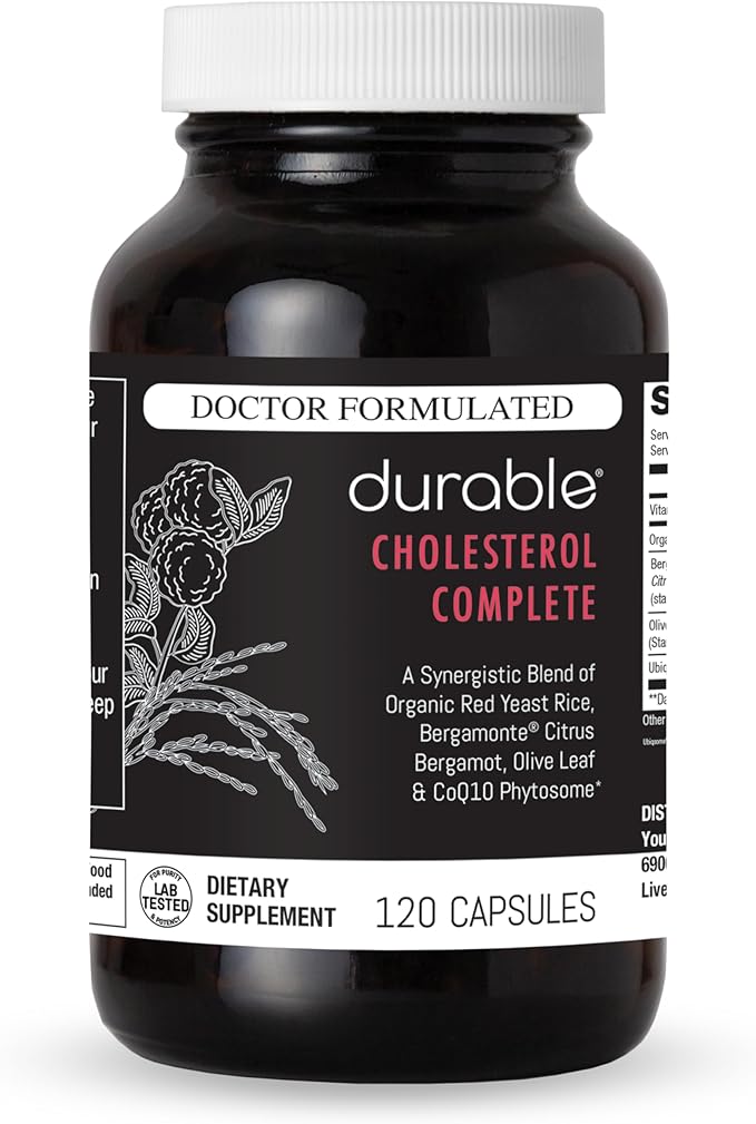 Durable Cholesterol Complete – Organic Red Yeast Rice 1,600 mg + Bergamonte® Citrus Bergamot 1,000 mg + Ubiqsome® CoQ10 + Olive Leaf + Vitamin C – Doctor Formulated, Made in USA (120 Capsules)