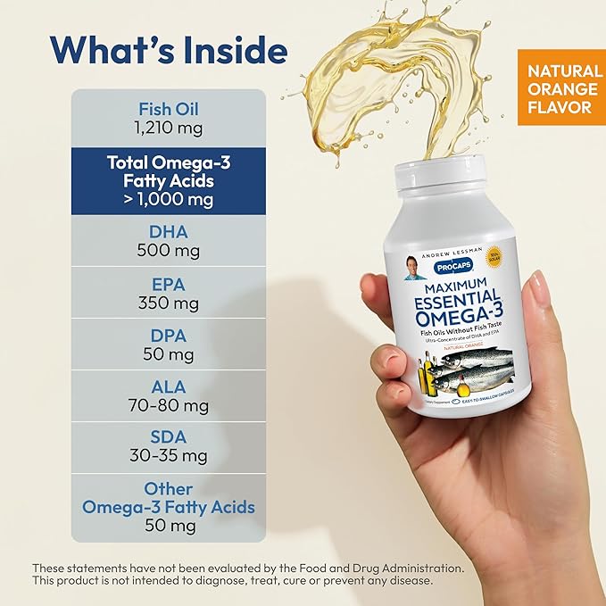 ANDREW LESSMAN Maximum Essential Omega-3 Orange - 60 Softgels - Ultra-Pure, High Potency Omega-3 Oils. High DHA, No Stomach Upset, No Contaminants, No Mercury. Small Easy to Swallow Softgels