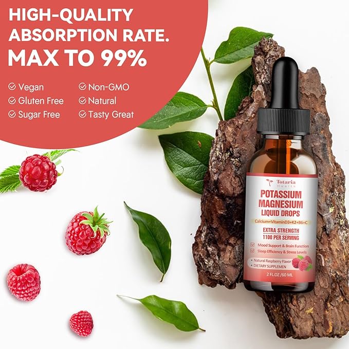 Potassium Magnesium Supplement Liquid Drops - High Absorption Potassium Supplement with Magnesium, Calcium, Vitamin D3 K2, Vegan, Non-GMO Potasio Support Leg Cramps, Bone, Muscle - 4 Fl oz