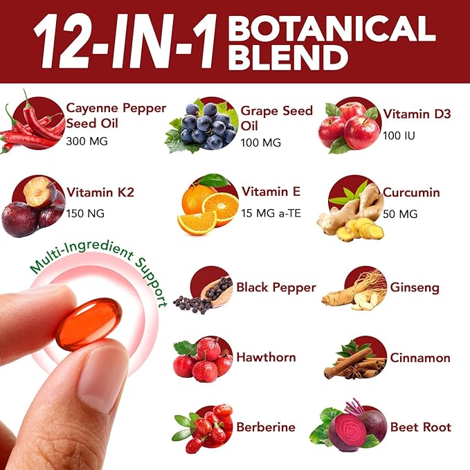 Cayenne Pepper Capsules, Cayenne Pepper Capsaicin Supplements Support Leg Vein, Heart Health and Blood Circulation, with Vitamin E D3 K2 and Extracts of Grape Seed, Beetroot and Turmeric, 240 Softgels